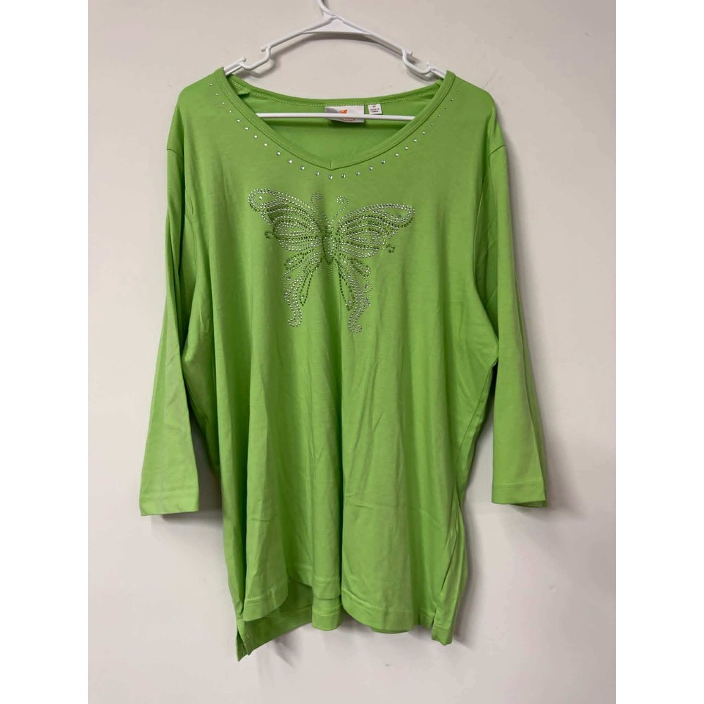 Quacker Factory 1X Lime Green Rhinestone Butterfly V-Neck 3/4 Sleeve Top